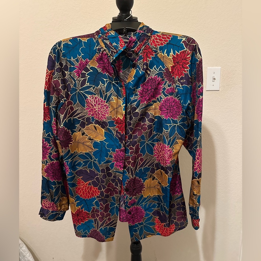 100% Silk Tunic Blouse Multicolor Print Lightweight Floral Women's Top. Sz Small